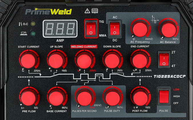 PrimeWeld 225X front panel has mostly knobs and switches