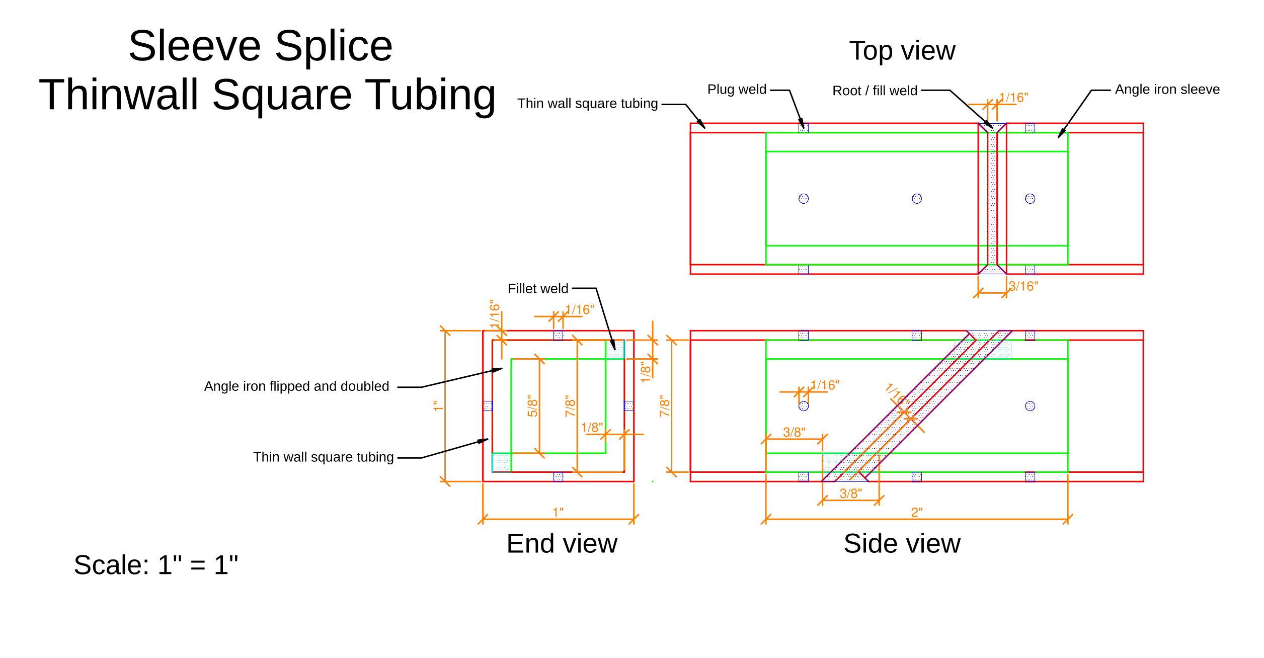 Three view drawing of square tubing and sleeve at butt weld location